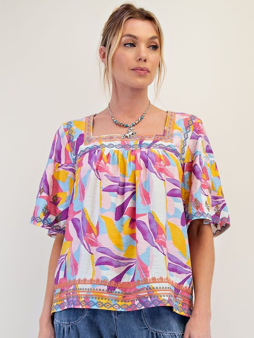 Bohemian Floral Square-Neck Women's Top in Multi